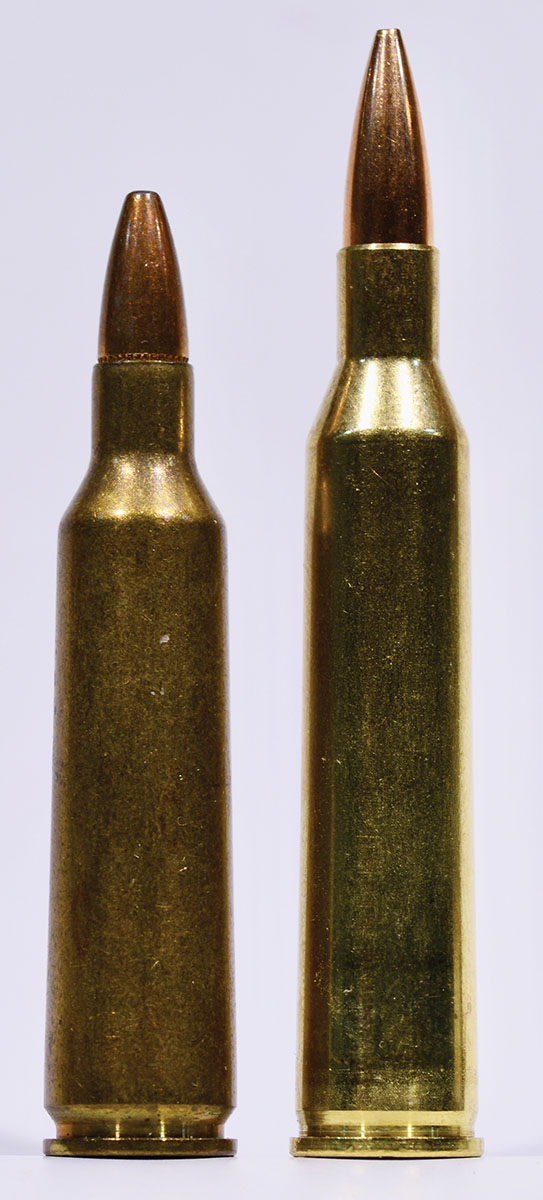 The 220 Swift (right) beside its archrival, the 22-250 Remington. The 22-250’s developers felt slighted by Winchester’s decision to ignore their creation and base the Swift on the 6mm Lee Navy. This led to considerable acrimony over several decades. Ultimately, the 22-250 won the battle.